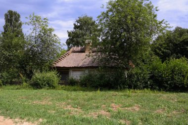 Eski Ukrayna evi. On dokuzuncu yüzyılın Ukrayna kulübesi. Yaz manzarası, güneş ışığı. Köy Pirogovo.