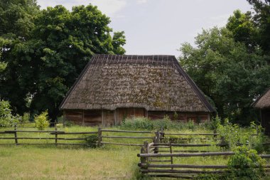 Eski Ukrayna evi. On dokuzuncu yüzyılın Ukrayna kulübesi. Yaz manzarası, güneş ışığı. Köy Pirogovo.