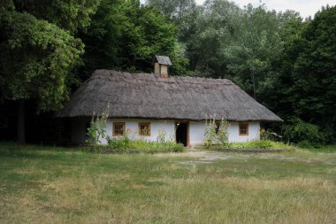 Eski Ukrayna evi. On dokuzuncu yüzyılın Ukrayna kulübesi. Yaz manzarası, güneş ışığı. Köy Pirogovo.