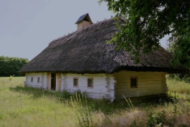 Eski Ukrayna evi. On dokuzuncu yüzyılın Ukrayna kulübesi. Yaz manzarası, güneş ışığı. Köy Pirogovo.