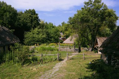 Eski Ukrayna evi. On dokuzuncu yüzyılın Ukrayna kulübesi. Yaz manzarası, güneş ışığı. Köy Pirogovo.
