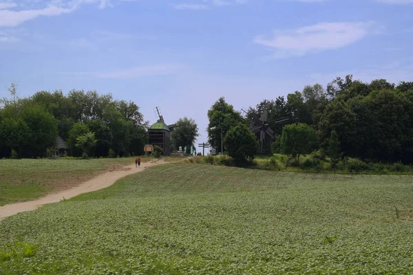Letni Krajobraz Wiatraki Górze Wieś Pirogovo — Zdjęcie stockowe