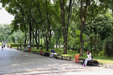 08,09,2019 . Yaz manzara, yaprak döken ağaçlar ve çam ağaçları, parkta insanlar dükkanlar üzerinde oturup. 