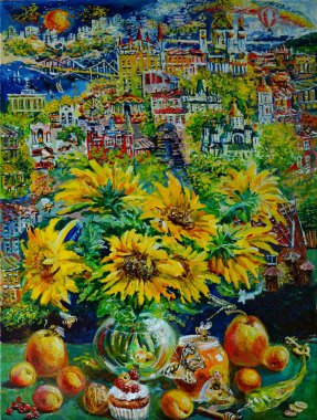                  Tuval üzerine resim. Bir peri masalı şehrinin arka planında ayçiçeği ve bal ile natürmort. Tuval üzerine yağlıboya. 