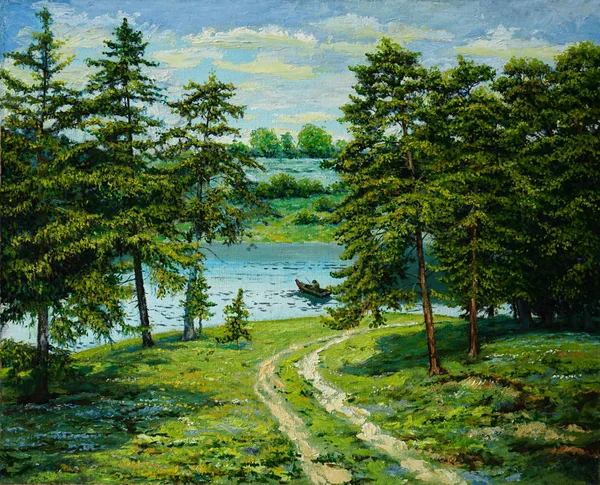 Painting Canvas Landscape River Coniferous Trees Flowers Fine Art — Stock Photo, Image