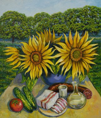          Tuval üzerine resim. Ayçiçeği, sosis, yağ ve votka ile natürmort, manzara arka plan karşı. Tuval üzerine yağlıboya.                          