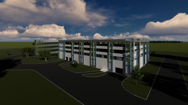 Servis merkezleri ile çok katlı otopark merkezi 3d proje. Bir yaz gününde mavi gökyüzünde.