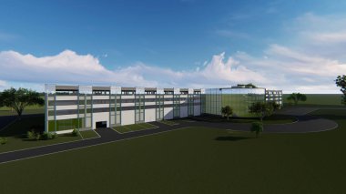 Servis merkezleri ile çok katlı otopark merkezi 3d proje. Bir yaz gününde mavi gökyüzünde.