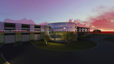 Servis merkezleri ile çok katlı otopark merkezi 3d proje. Yazın gece gökyüzünün arka planında.