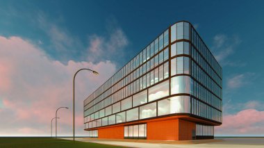 Çok katlı bir iş merkezinin 3d projesi. Bulutlar ile yaz günü mavi gökyüzü.