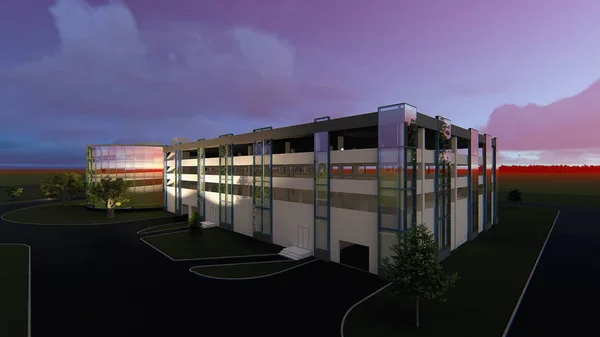 サービスセンターを備えた立体駐車場の3Dプロジェクト 夏の夜空を背景に — ストック写真