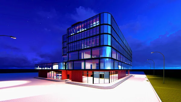 Çok katlı bir iş merkezinin 3d projesi. Yazın gece gökyüzünün arka planında.