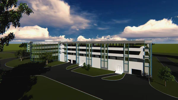 Servis merkezleri ile çok katlı otopark merkezi 3d proje. Bir yaz gününde mavi gökyüzünde.