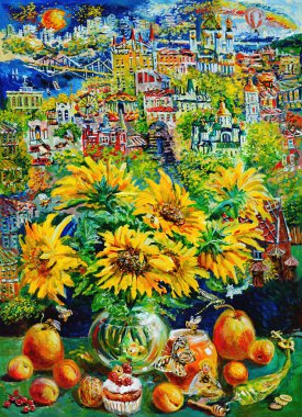 Tuval üzerine resim. Bir masal şehir penceresinde, pencere pervazında ayçiçeği bal ve meyve ile natürmort. Tuval üzerine yağlıboya. 