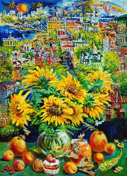 Tuval üzerine resim. Bir masal şehir penceresinde, pencere pervazında ayçiçeği bal ve meyve ile natürmort. Tuval üzerine yağlıboya. 