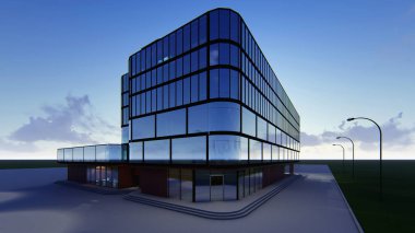 Çok katlı bir iş merkezinin 3d projesi. Yaz akşamı .