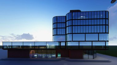 Çok katlı bir iş merkezinin 3d projesi. Yaz akşamı .