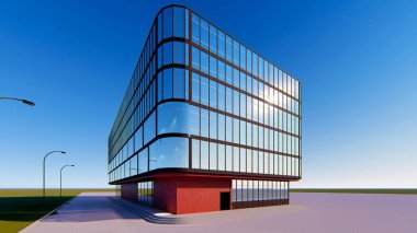 Çok katlı bir iş merkezinin 3d projesi. Yaz akşamı .