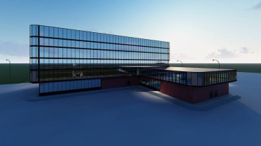 Çok katlı bir iş merkezinin 3d projesi. Yaz akşamı .