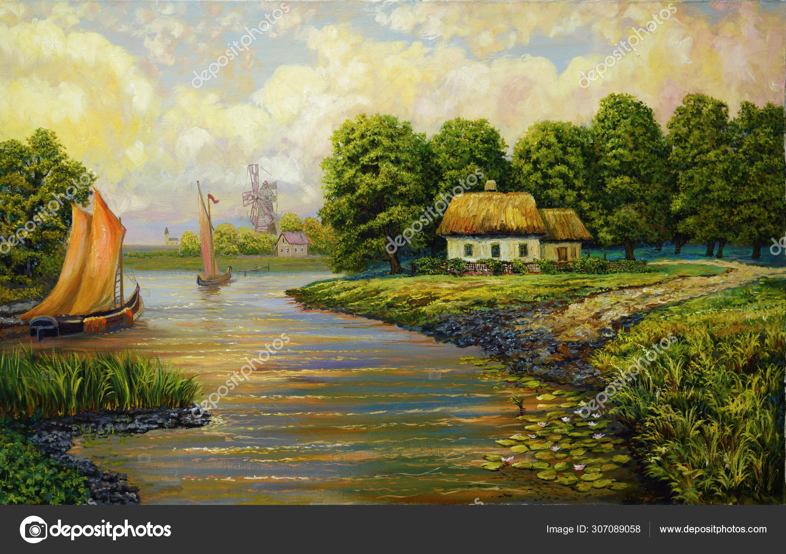Nice Oil painting sunset landscape & ducks canoe by river village with church 