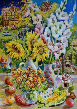                          Tuval üzerine resim. Bir masal şehir penceresinde, pencere pervazında gladiolus ve ayçiçeği ile natürmort. Tuval üzerine yağlıboya.          