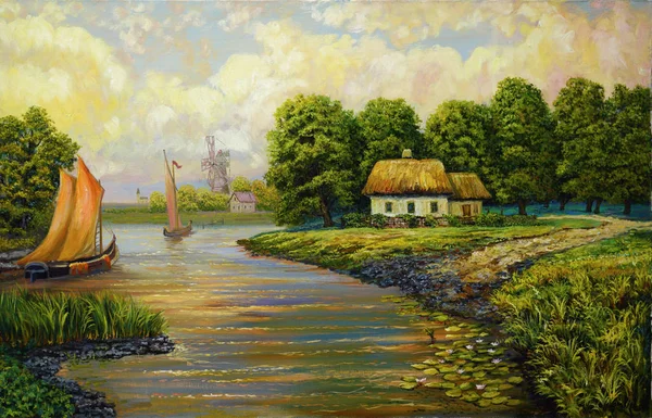キャンバスに絵を描く 夕方の風景 川のボートの近く ウクライナの家や工場と村 キャンバスに油彩 — ストック写真