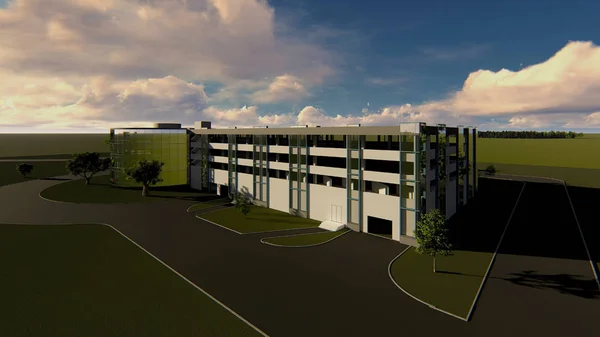 Proyecto Centro Estacionamiento Varias Plantas Con Centros Servicio Cielo Azul — Foto de Stock