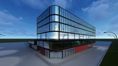 Çok katlı bir iş merkezinin 3d projesi. Yaz akşamı .