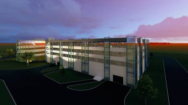 Servis merkezleri ile çok katlı otopark merkezi 3d proje. Bir yaz gününde mavi gökyüzünde.