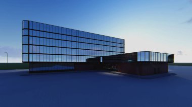 Çok katlı bir iş merkezinin 3d projesi. Yaz akşamı .