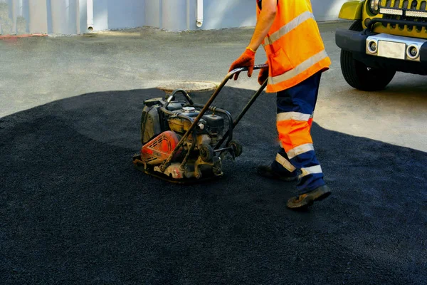 Plaat Verdichters Asfalt Leggen Het Leggen Van Asfalt Het Bedekken — Stockfoto