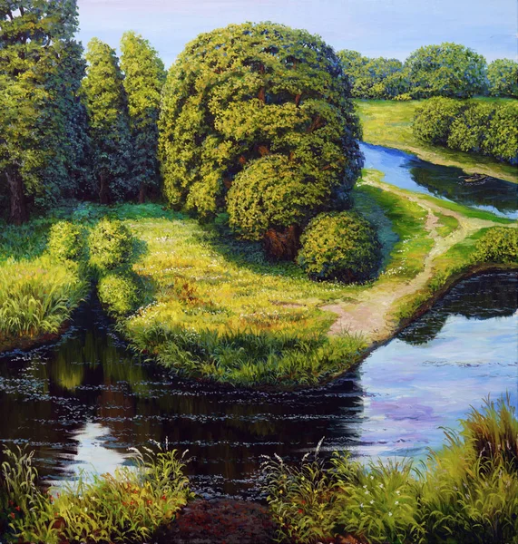 Malowanie Płótnie Krajobraz Dębów Pobliżu Rzeki Olej Płótnie — Zdjęcie stockowe