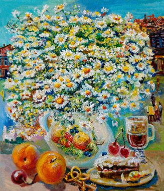  Resim, yağlı boya resim. Papatya çayıyla hayat, pencerenin dışındaki kasaba. Güzel sanatlar.       