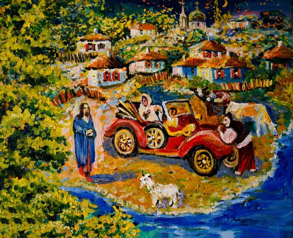 Pintura Pintura Óleo Vinda Jesus Uma Aldeia Ucraniana Carro Velho — Fotografia de Stock