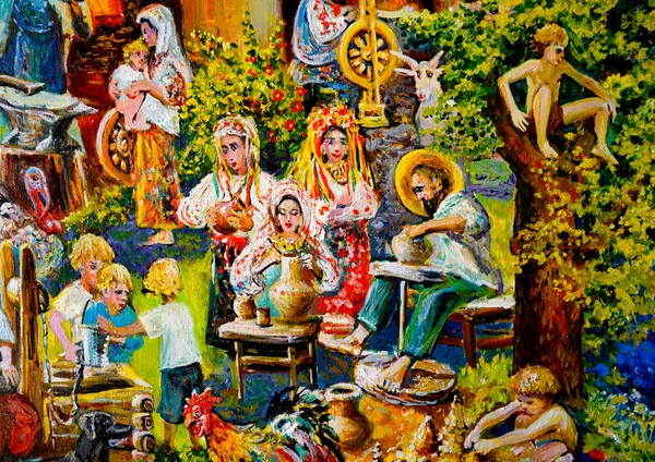 Painting, oil painting.    Ukrainian village potter\'s holiday, people celebrate in national costumes. Fine art.
