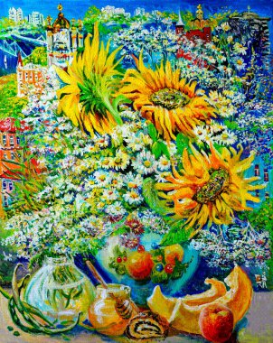   Yağlı boya. Pencerenin dışındaki şehir, ayçiçekleri ve papatyalarla dolu. Güzel sanatlar. 