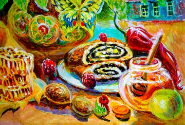 Balpeteğinde bal, haşhaş ve meyveli kek ile sakin bir hayat. Tuvale resim yapmak.     