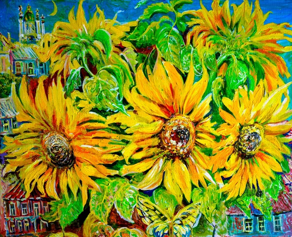 Ölmalerei Stillleben Mit Sonnenblumen Die Stadt Vor Dem Fenster Schöne — Stockfoto