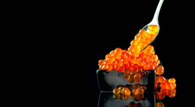 Kaşıkta havyar. Siyah arka plan üzerinde bir kase somon havyar. Closeup alabalık havyarı