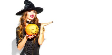 Halloween. Parlak tatil makyaj ile seksi cadı. Güzel youn