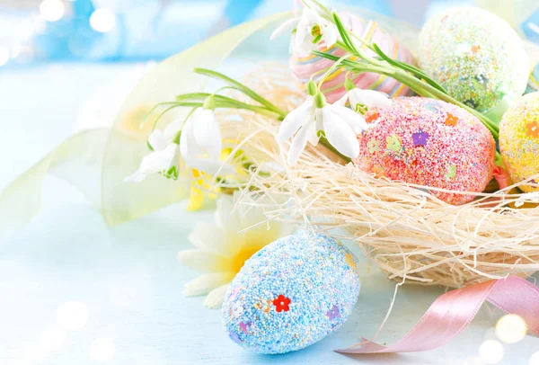 Easter Colorful Eggs Background Beautiful Colorful Eggs Decorations Blue Wooden — Stock Photo, Image