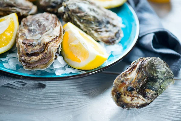 Ostras frescas de cerca en plato azul, mesa servida con ostras , —  Fotos de Stock