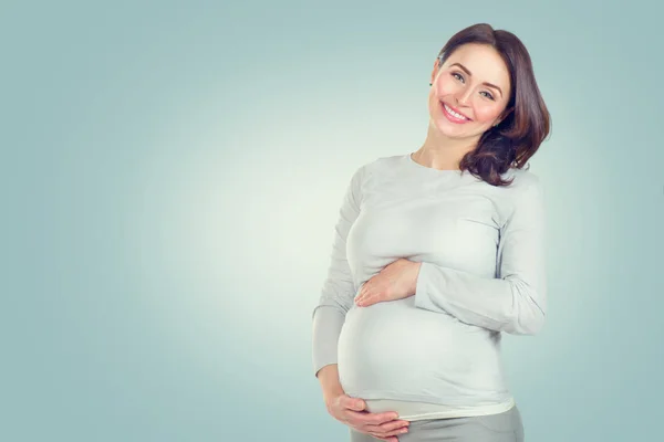 Terhes Boldog Megható Hasát Terhes Középkorú Portré Egészséges Terhesség Koncepció — Stock Fotó