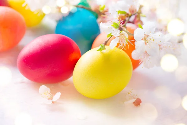 复活节五颜六色的鸡蛋背景 美丽的彩色鸡蛋在白色的木制背景 春天的花和节日彩绘的鸡蛋 — 图库照片