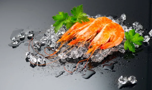 Camarones. Langostinos frescos sobre fondo negro. Mariscos en estrellado — Foto de Stock