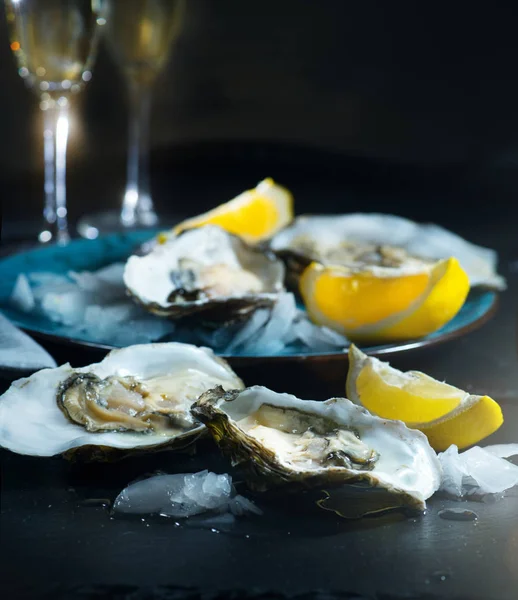 Ostras frescas primer plano en plato azul, mesa servida con ostras , — Foto de Stock