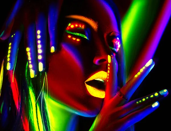 Femme Mannequin Lumière Néon Portrait Femme Avec Maquillage Fluorescent Coloré — Photo