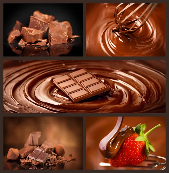 Collage al cioccolato. Pezzi di cioccolato, caramelle, dolci, fragole — Foto Stock