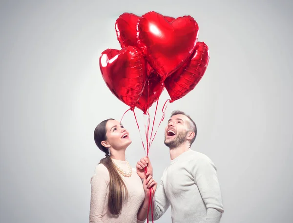 Valentine Day Happy Joyful Couple Portrait Smiling Beauty Girl Her — Stock Photo, Image