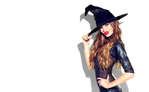 Halloween Sexy Witch Bright Holiday Makeup Beautiful Young Woman Posing — Stock Photo, Image